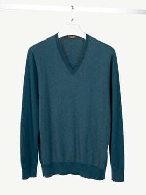 Loro Piana Blue Cashmere-Knit V-Neck Sweater